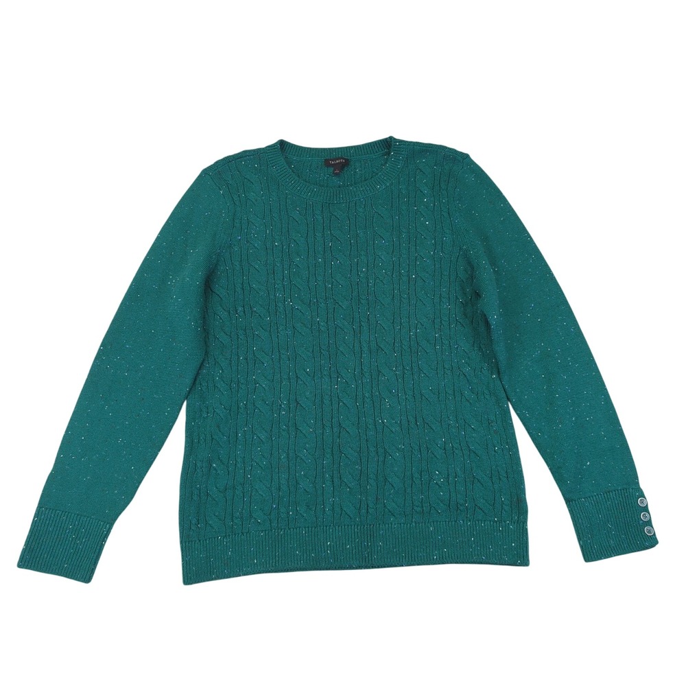 Talbots Womens Sweater Size Large Green Cable Knit Long Sleeve‎ Cotton Blend